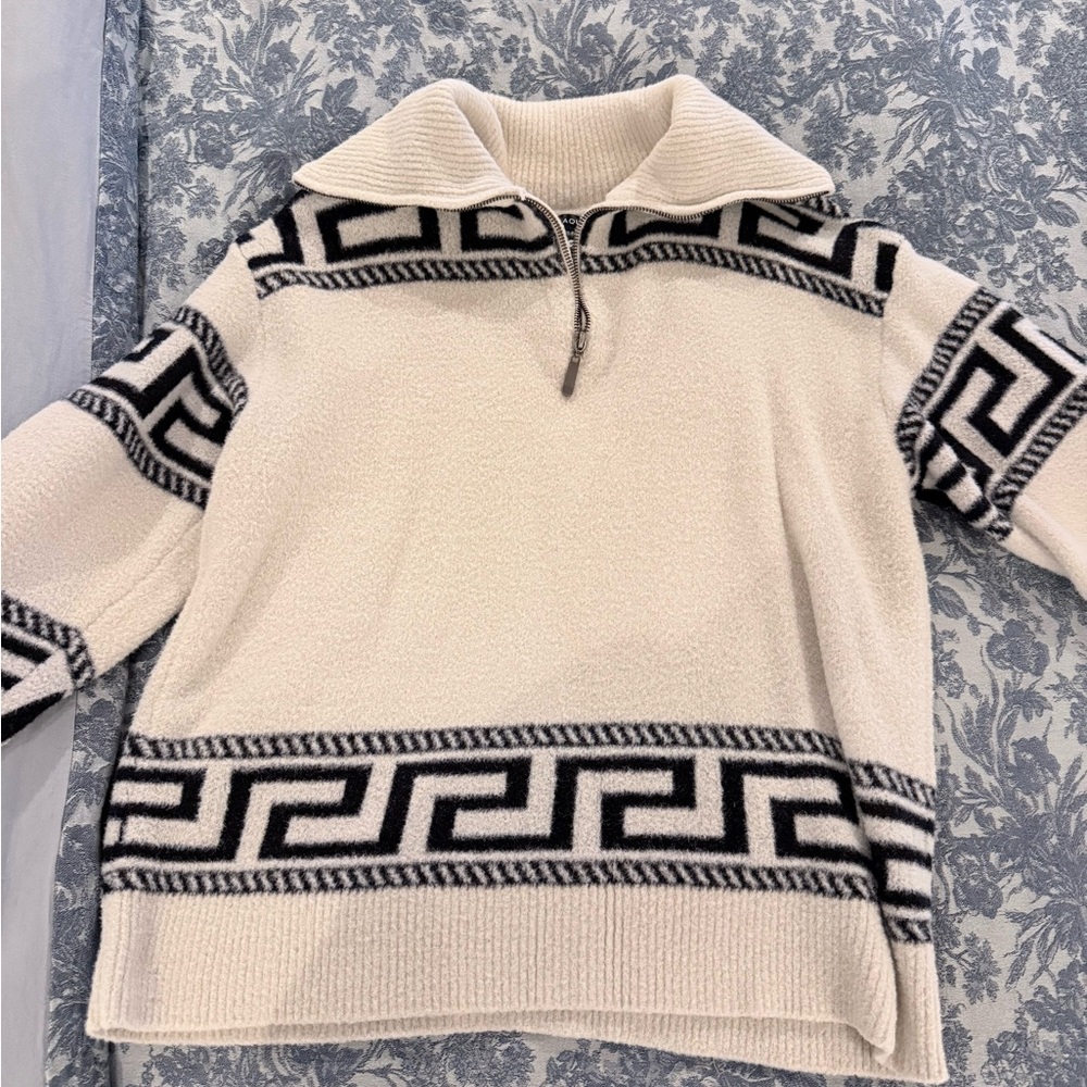 Aqua Cream and Black Geometric Zip-Up Sweater